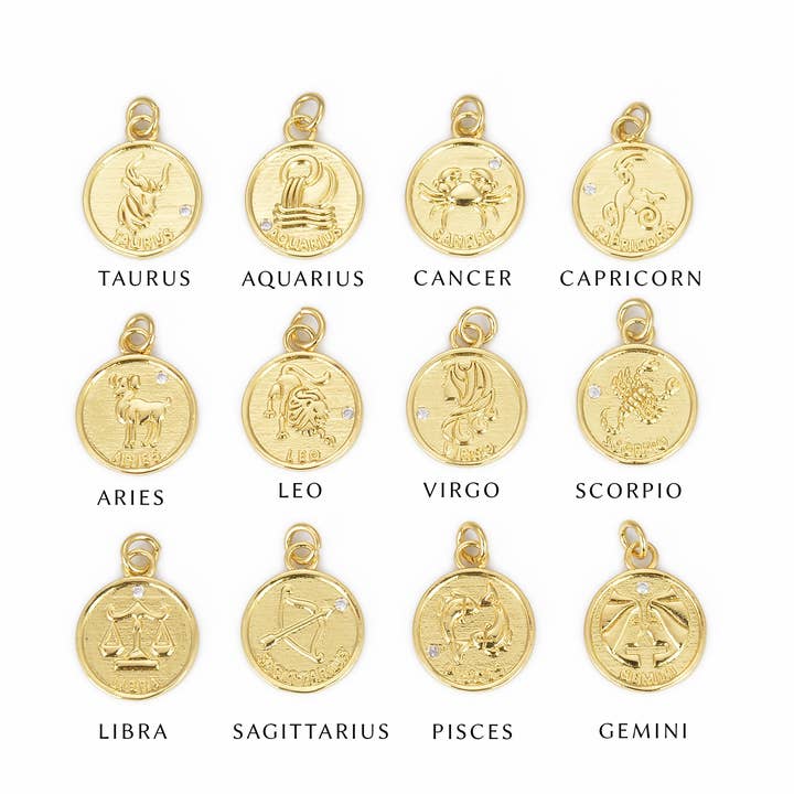 Gold Filled Zodiac Sign Astrology Coin Charm Pendant, CP825 and other Purchase Wholesale zodiac button. Free Returns & Net 60 Terms on Faire trending on Faire.