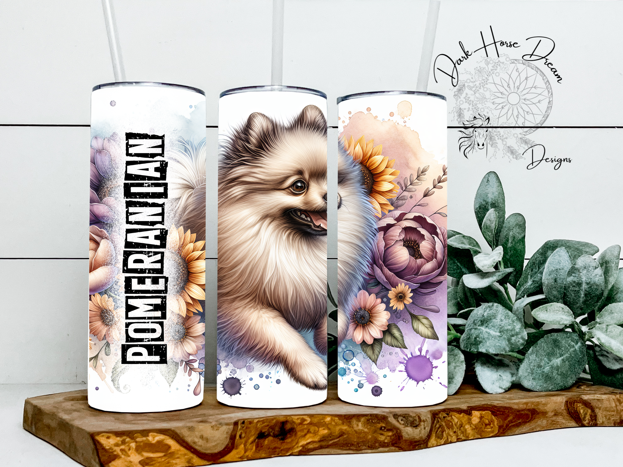 Dark Horse Dream Designs LLC - Wholesale Geïsoleerd drinkgerei - Pomeriaan Hond Aquarel Bloemige Zomer Beker0