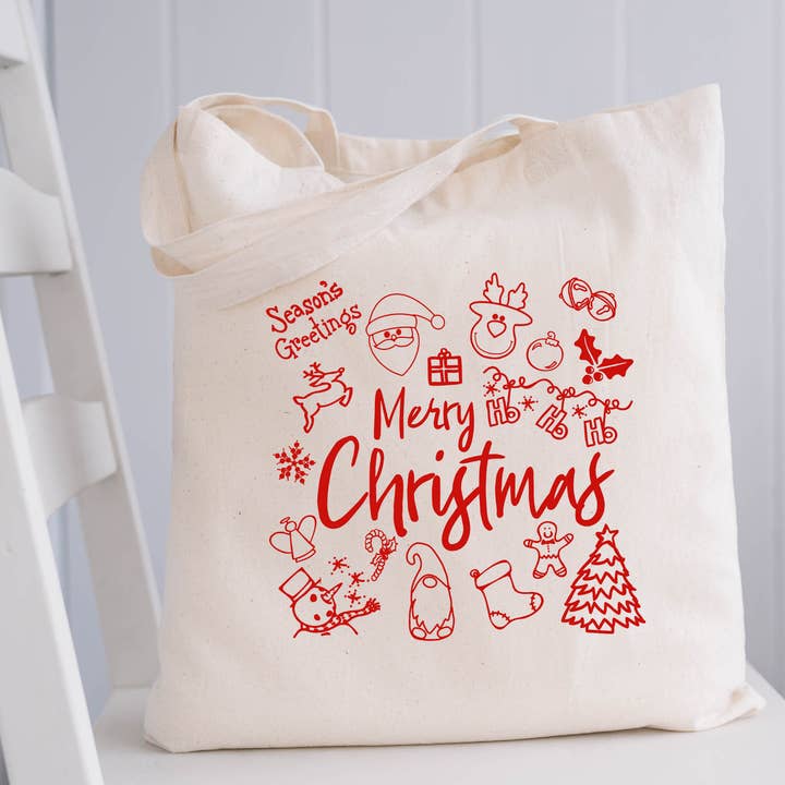 Merry Christmas Icons for Christmas Holiday Lightweight Canvas Market Tote Bag for wholesale by Designing Moments