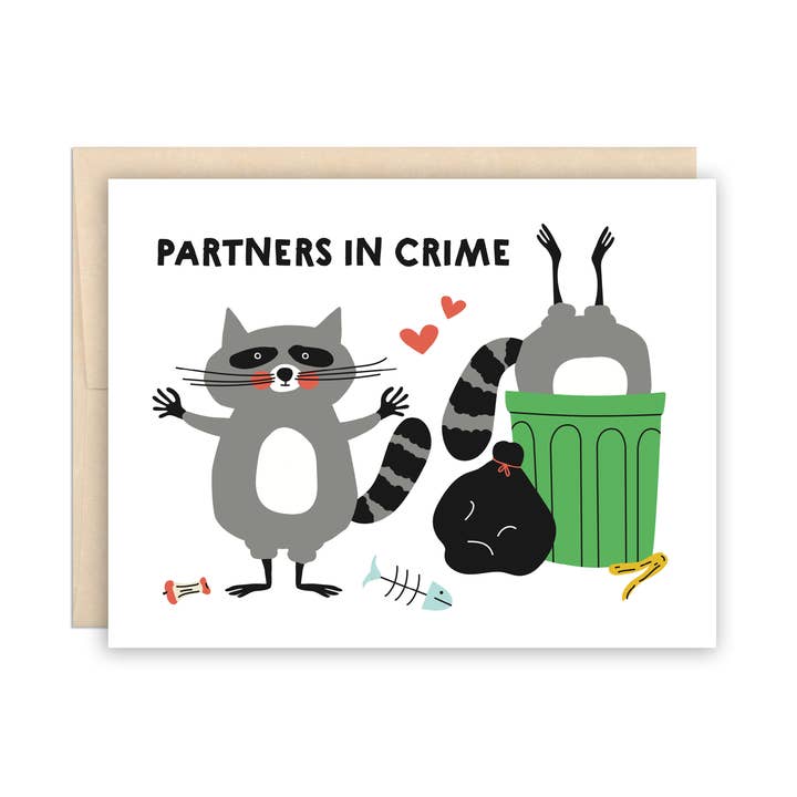 Biglietto di auguri per San Valentino con Funny Raccoons Partners in Crime per la vendita all'ingrosso da parte di The Beautiful Project