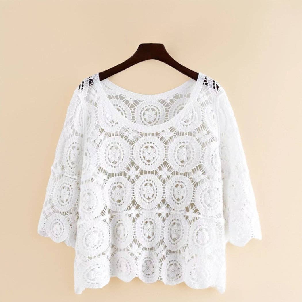 Funkyrel® Atzbranding Limited - Vente Chemisier – femme - Crosa - Haut en dentelle crochetée florale – Blouse légère pour le printemps/été0