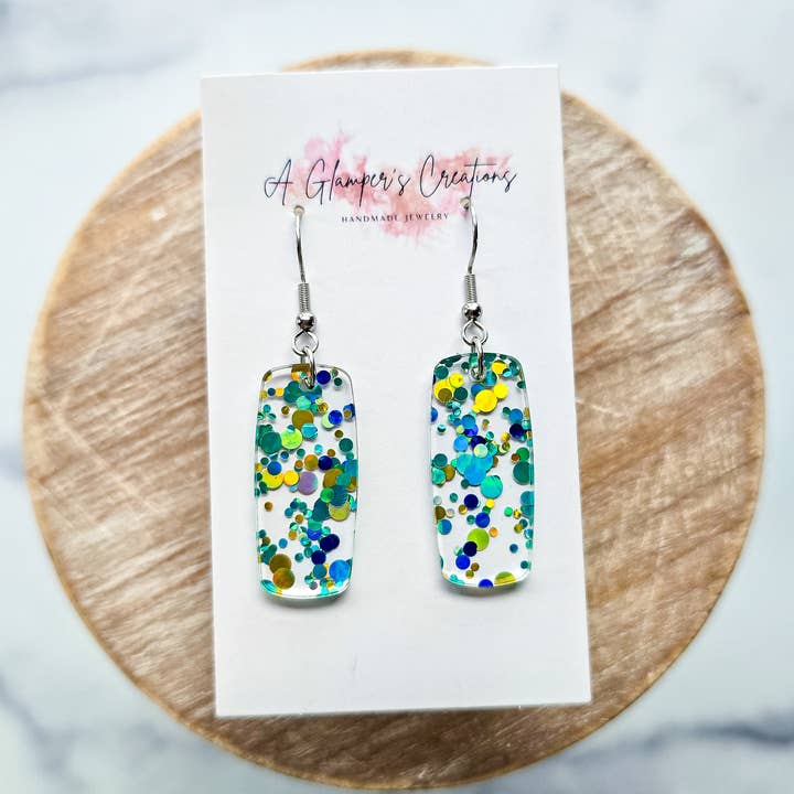 Blue Metallic Polka Dots Acrylic Mini Bar Earrings for wholesale by A Glamper's Creations LLC