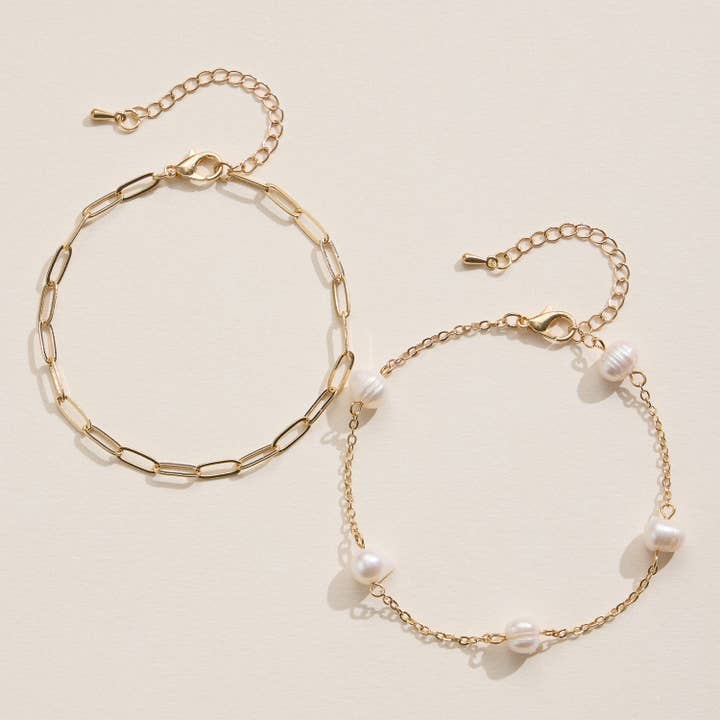 Layered Bracelet Set with Faux Pearls and Gold Chains for wholesale by Lilla Haven