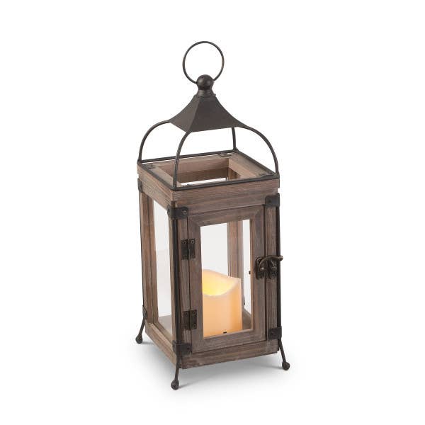 Promo Wood & Wire Lantern with LED Candle & Glass Panes for wholesale by The Gerson Companies
