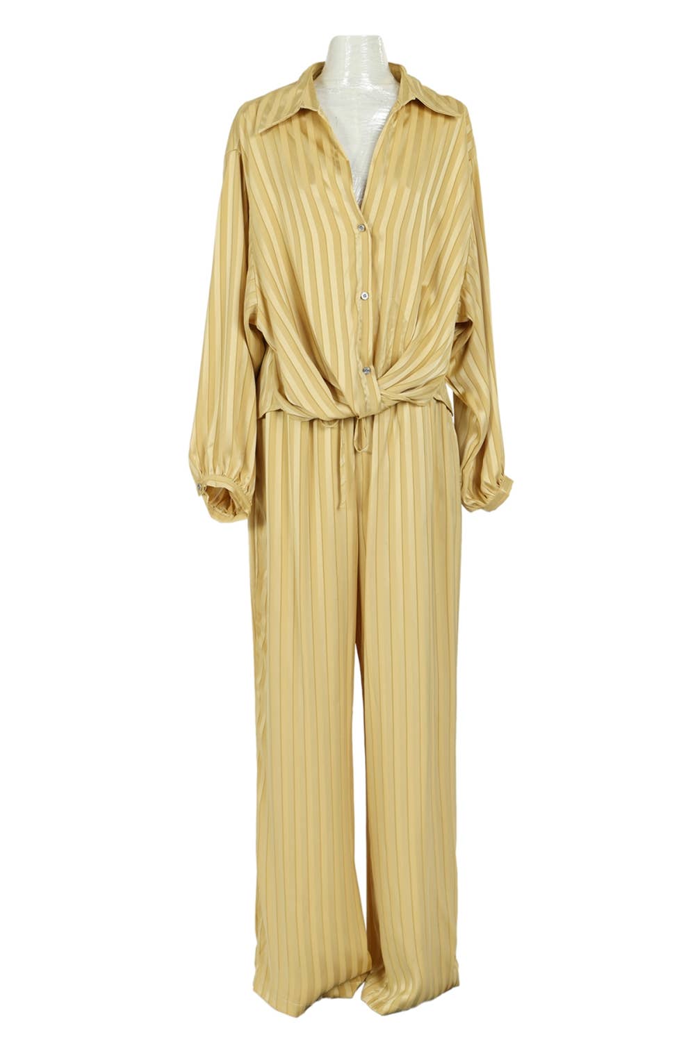 Beulah Style - Wholesale Top & Pant Set (NOT Loungewear) - Women's - Striped Satin V-Neck Collared Shirt & Pants Set QC62742