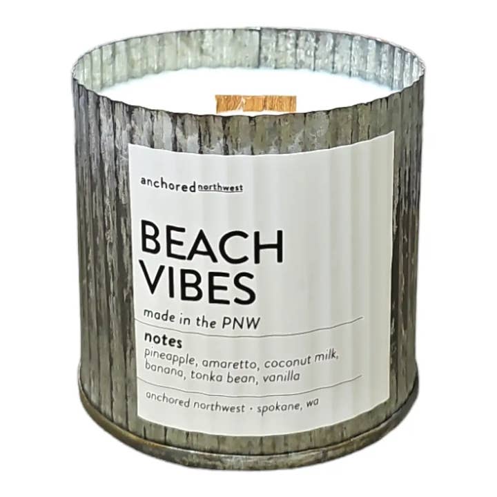 Beach Vibes Rustic Vintage Farmhouse Wood Wick Candle for wholesale by Anchored Northwest