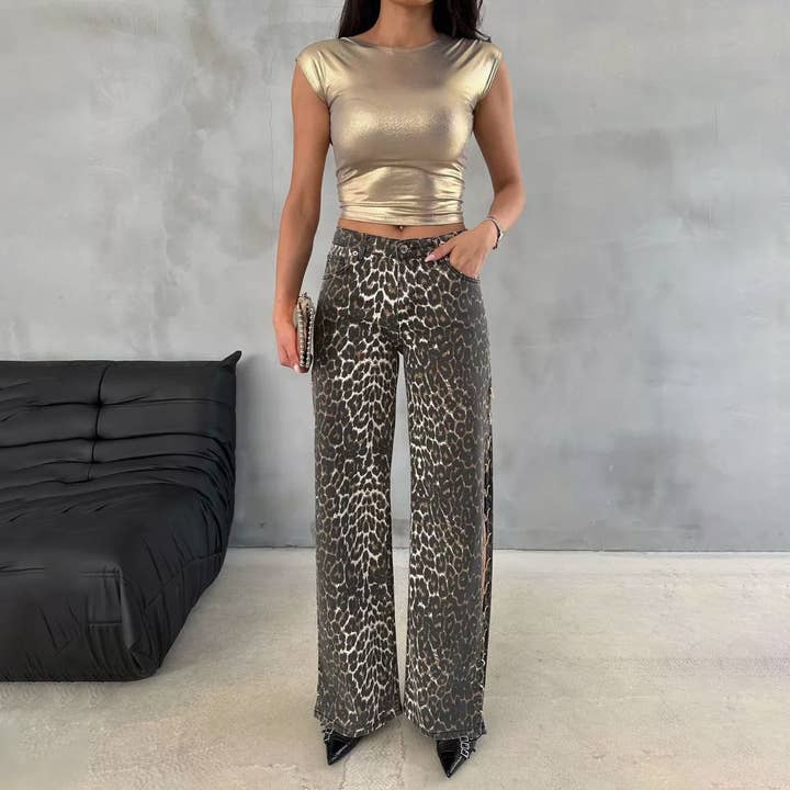 Women's leopard print jeans loose low waist side slit casual for wholesale on Faire