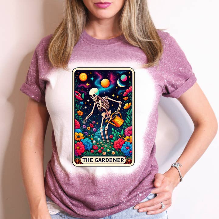 The Gardener Tarot Card Bleached Tee for wholesale by Hello Gorgeous Apparel