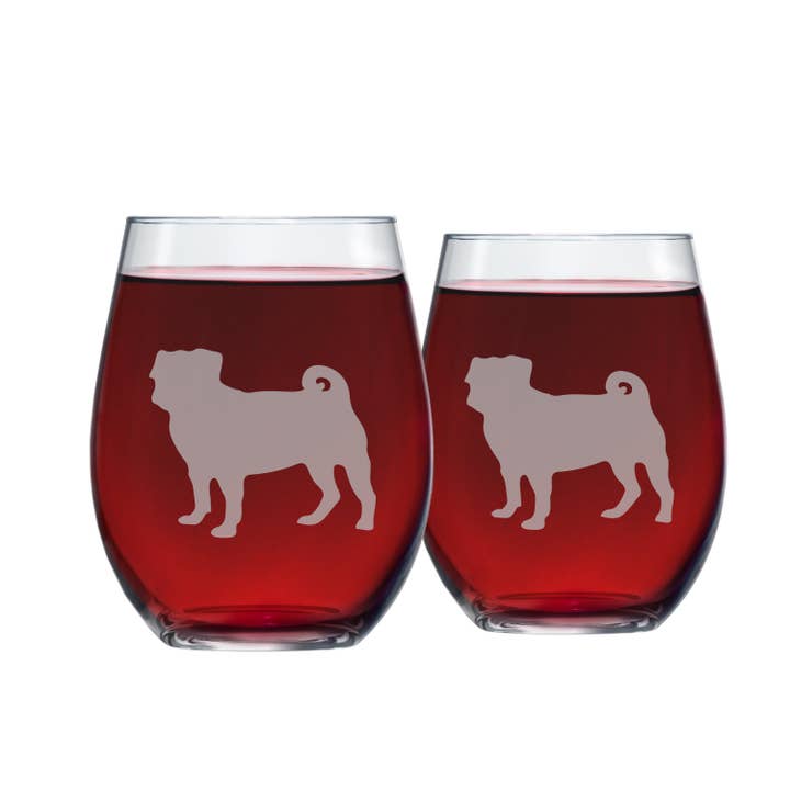 Pug Etched Stemless Wine Glasses for wholesale by Greenline Goods
