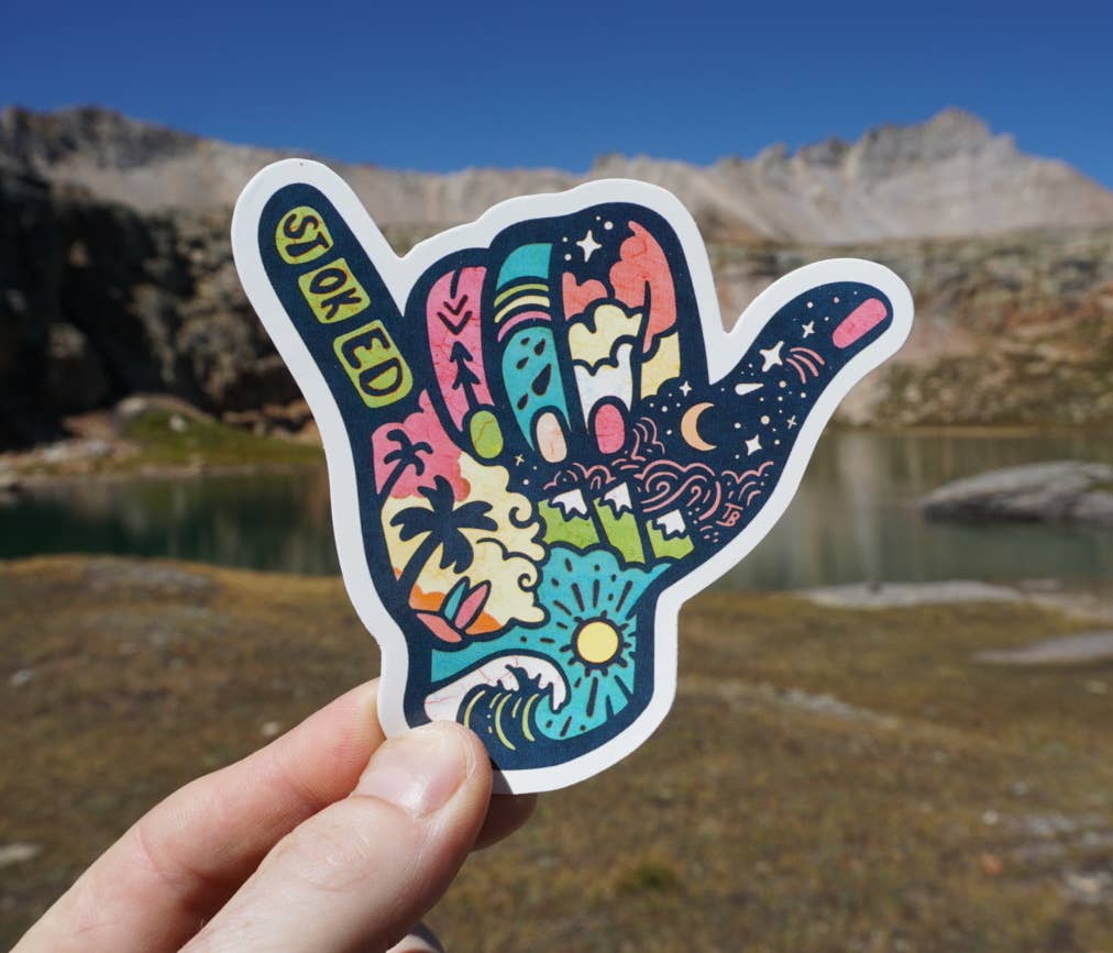 Sticker Art - Vente Autocollant - Autocollant Shaka Hands Beach Wave en forme de palmier Stoked Peace Finger1