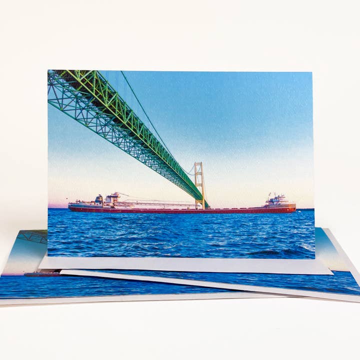 Freighter Under the Bridge Greeting Card for wholesale by Mackinac Memories