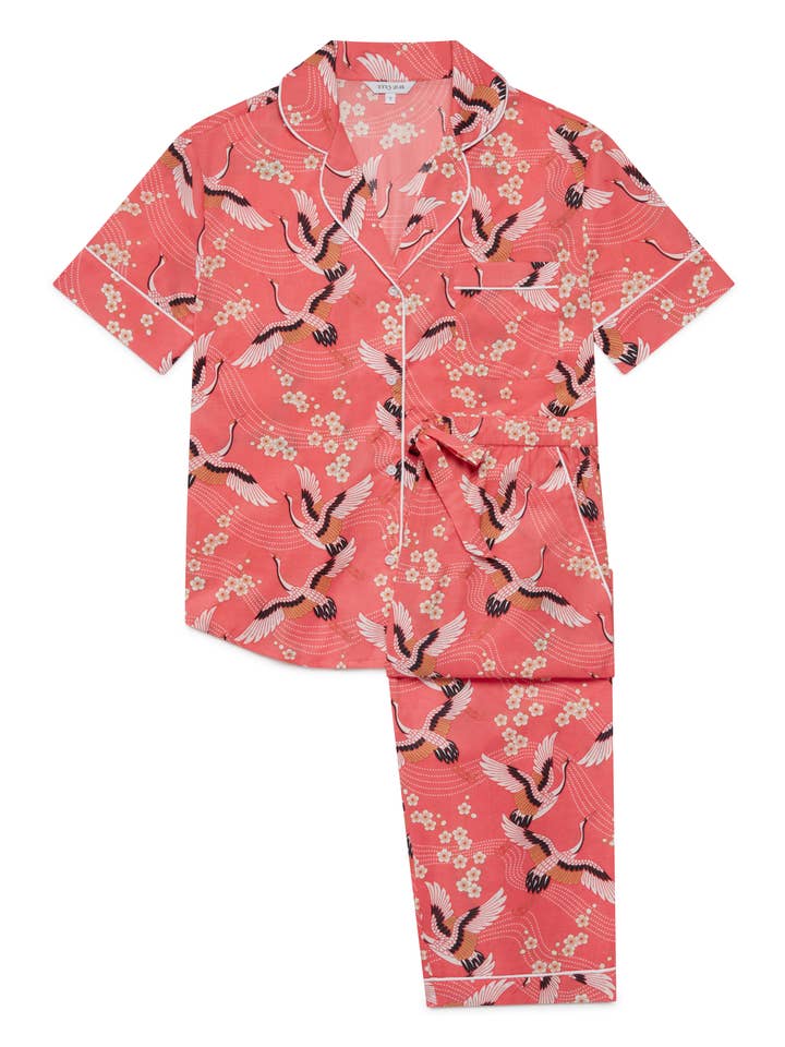 Women's Organic Cotton S/S Pj Trouser Set - Crane on Coral for wholesale by Commodities Trading (UK) Limited (Myza)