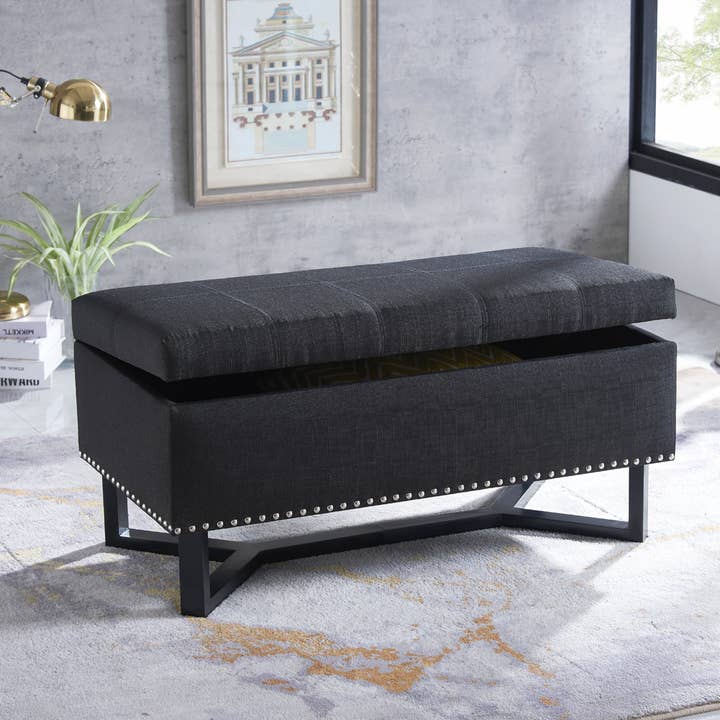 Emerson Fabric Studded Double Bench Ottoman Black for wholesale on Faire