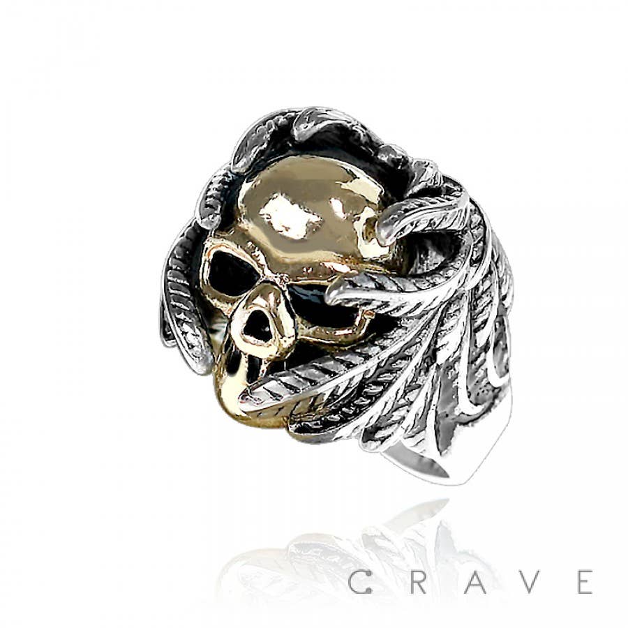 CRAVE - Wholesale Cocktail/Statement Ring - SS GOLD PLATED FEATHER WINGED SKULL BIKER RING