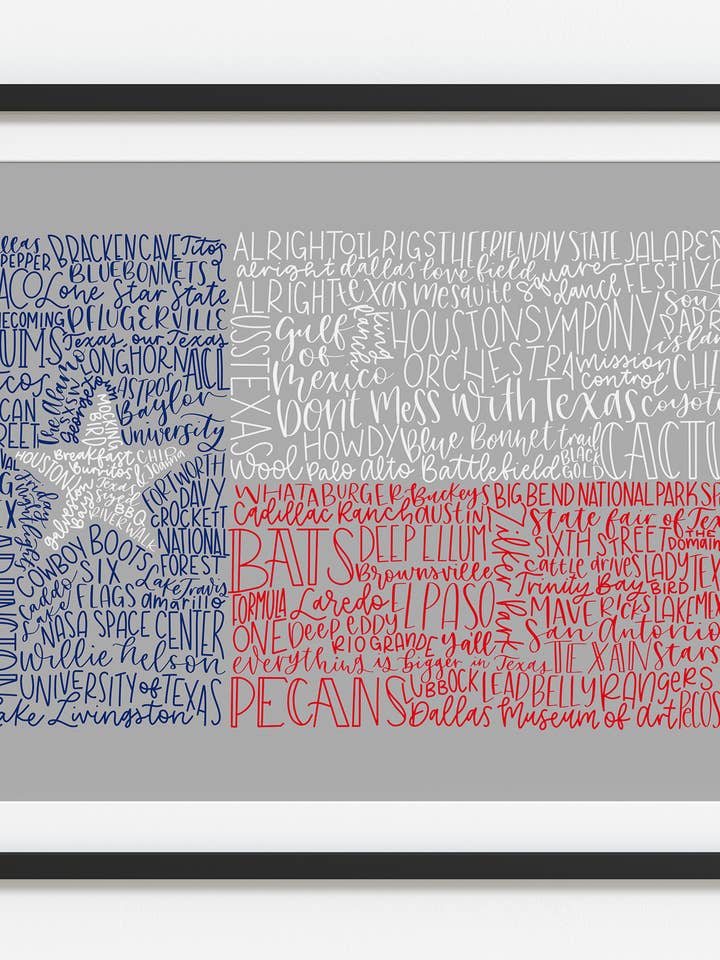 Impressão artística da bandeira do Texas com letras à mão 11x14 por atacado de the letters mdn