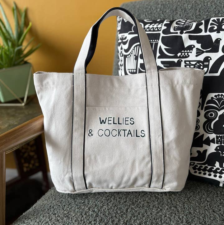 Wellies & Cocktails - Heatherfall Tote Bag for wholesale by Sovende Bjorn