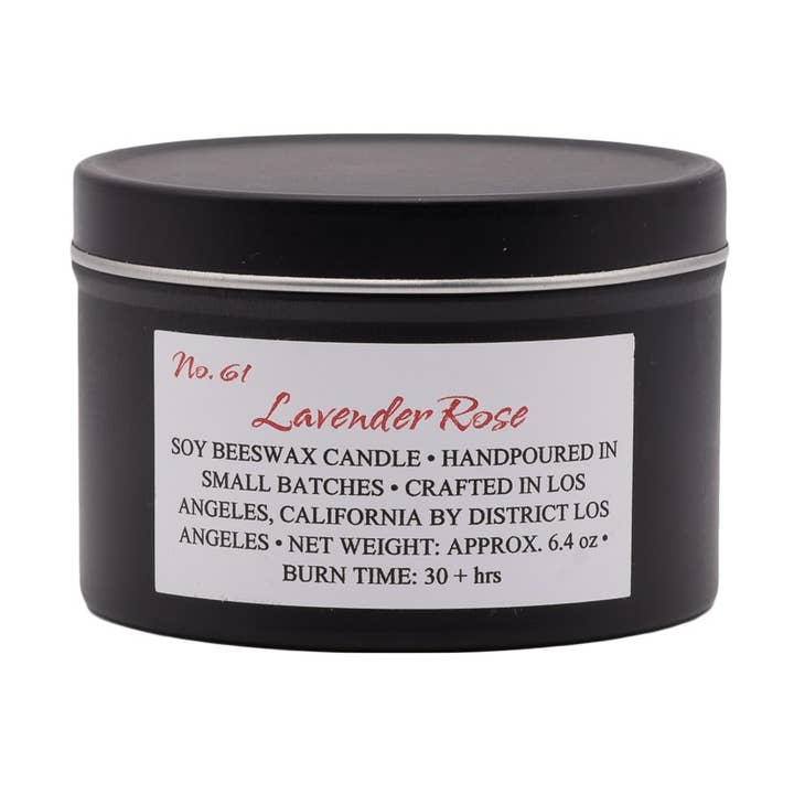 Matte Black Traveler Tin Candle | Lavender Rose for wholesale by District Los Angeles