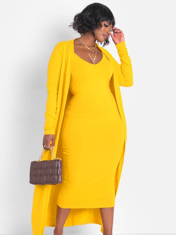 A Lot To Love V-Neck Midi Dress & Cardigan Set - Yellow for wholesale by REBDOLLS