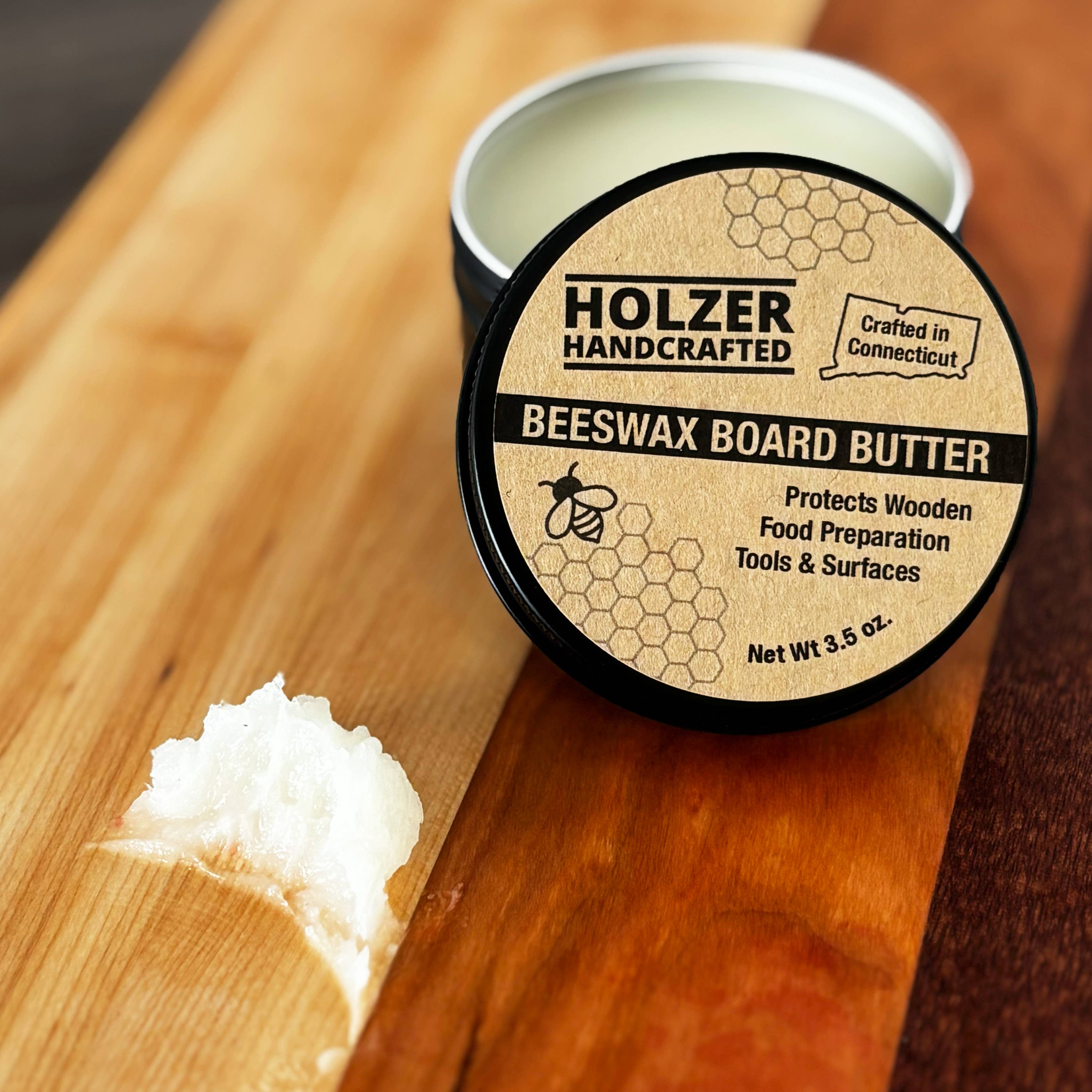 Holzer Handcrafted ® - Wholesale Wood Butter - Beeswax Board Butters for Wood Food Contact Surfaces | 3.5 oz Reusable Tin | Handmade Oil, Wax and Conditioner for Cutting Boards, Butcher Blocks, Wooden Utensils | Holzer Handcrafted 2