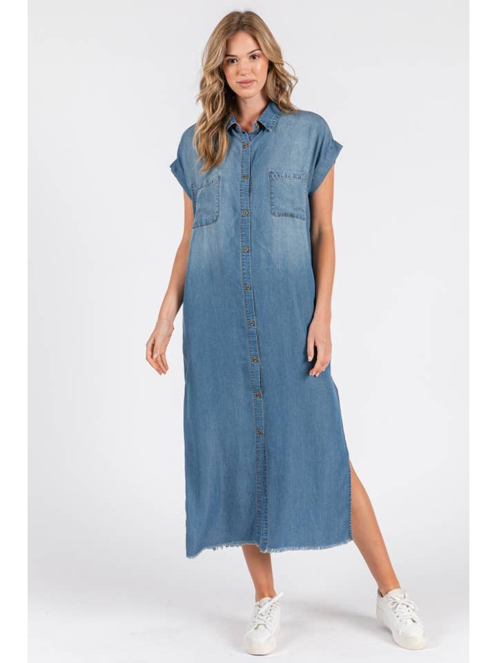 ZiA Apparel - Wholesale Dress - Women's - Short Sleeve Maxi Denim Dress- Denim