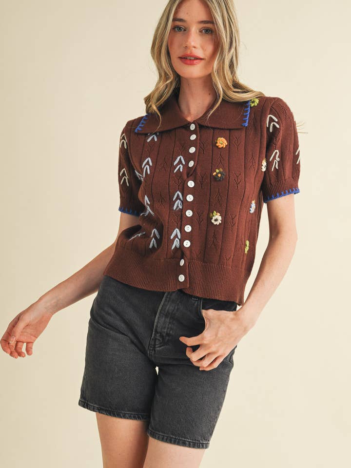&MERCI - Wholesale Knit Sweater - Women's - HAND EMBROIDERED SHORT SLV BUTTON DOWN SWEATER MSW109530