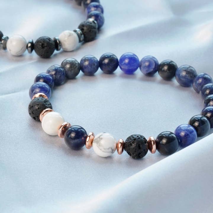 BLUE SODALITE Lava stone & WHITE HOWLITE Bracelet Diffuser with Inner Peace Oil for wholesale by Scilla Rose