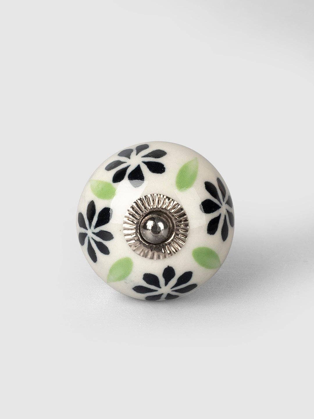 KNOBCO – wholesale Knopp/Handtag – Handgjord dekorativ rund form svart och limegrön design på Off White Base Keramiska skåpsknappar3