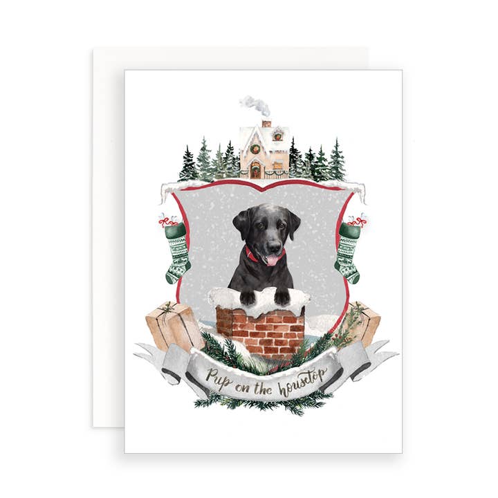 Pup on the Housetop Christmas Dog Greeting Card for wholesale by Cami Monet