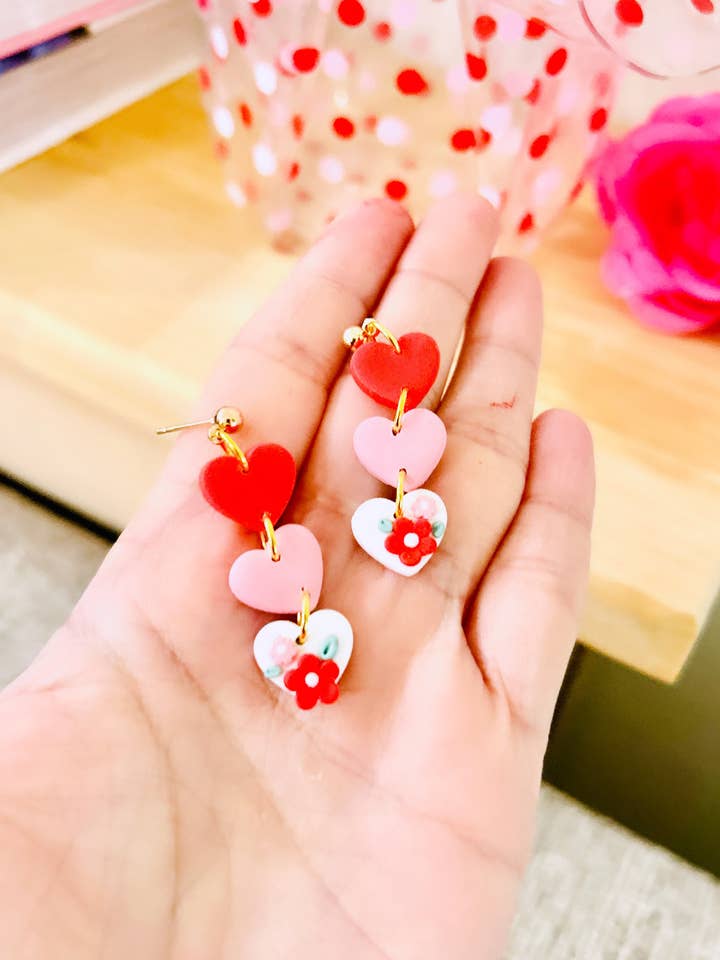 Pink Red Floral Hearts Polymer Clay Earrings Romance Earring for wholesale by Eflie