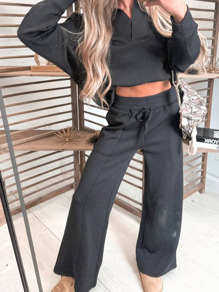 Bristol Black Collared V Neck Pullover Sweatshirt Sweatpants Set for wholesale by Shoppe247