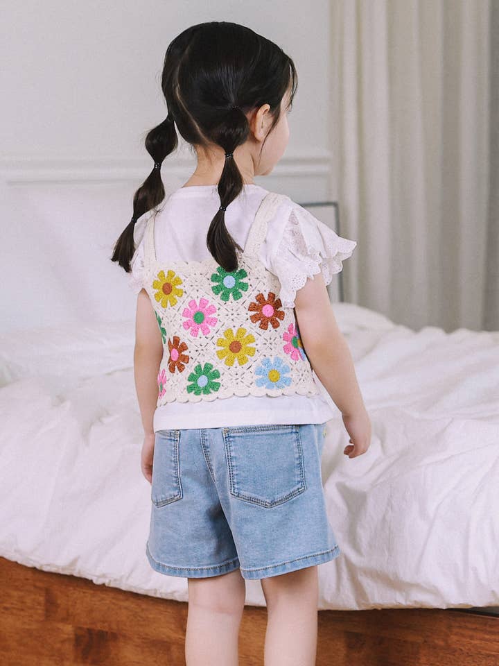ToTo Heros - Wholesale Knit Top - Kids - Gia Floral Pattern Crocheted Cropped Knit Vest7