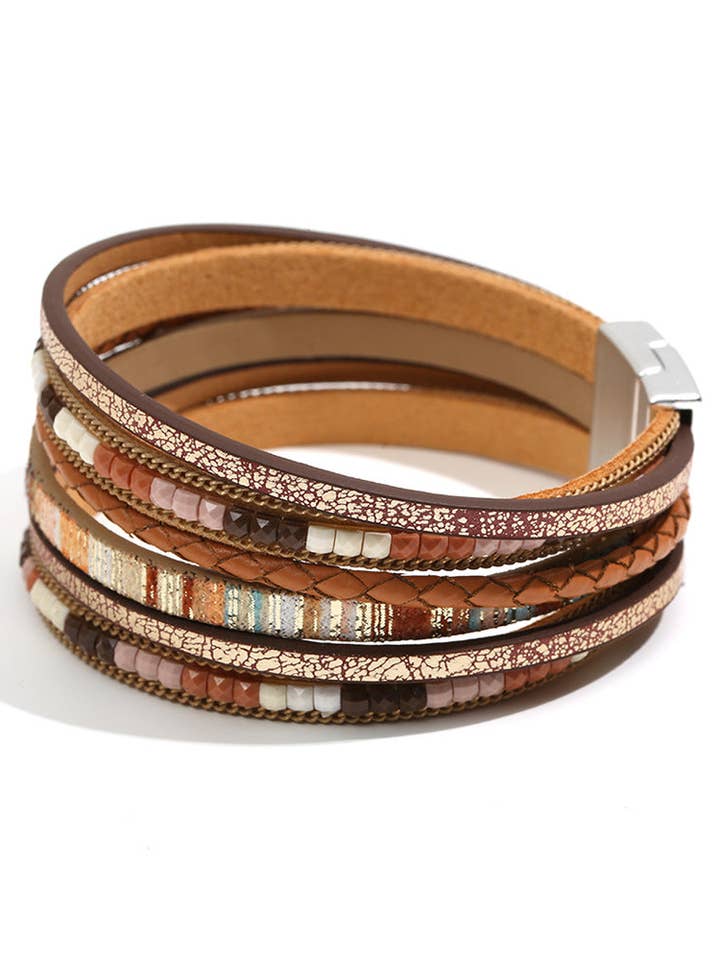 Boho Multi Layer Leather Wrap Bracelet with Magnetic Clasp for wholesale by Lovesoft