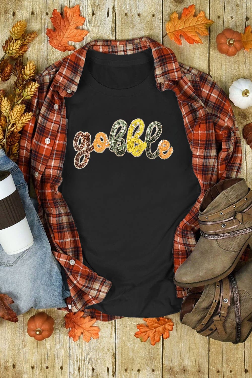Black gobble Sequin Letter Graphic Thanksgiving T Shirt for wholesale on Faire
