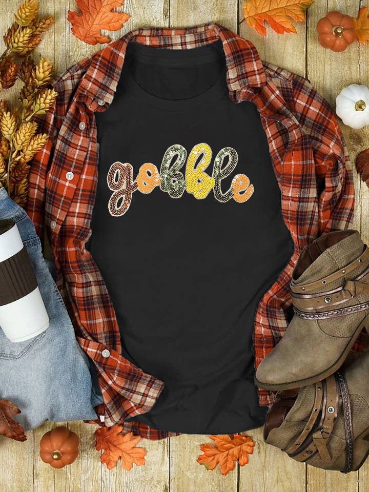 Black gobble Sequin Letter Graphic Thanksgiving T Shirt for wholesale on Faire0