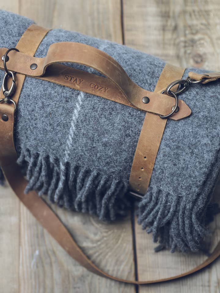 Grey Wool Blanket with Leather Handle Strap for wholesale by Epic Linen