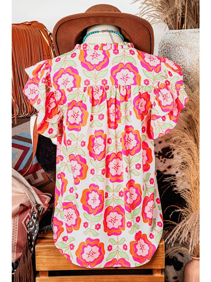 As shown Floral Ruffle Sleeve Ric-rac Trim Split Neck Loose Blouse for wholesale on Faire