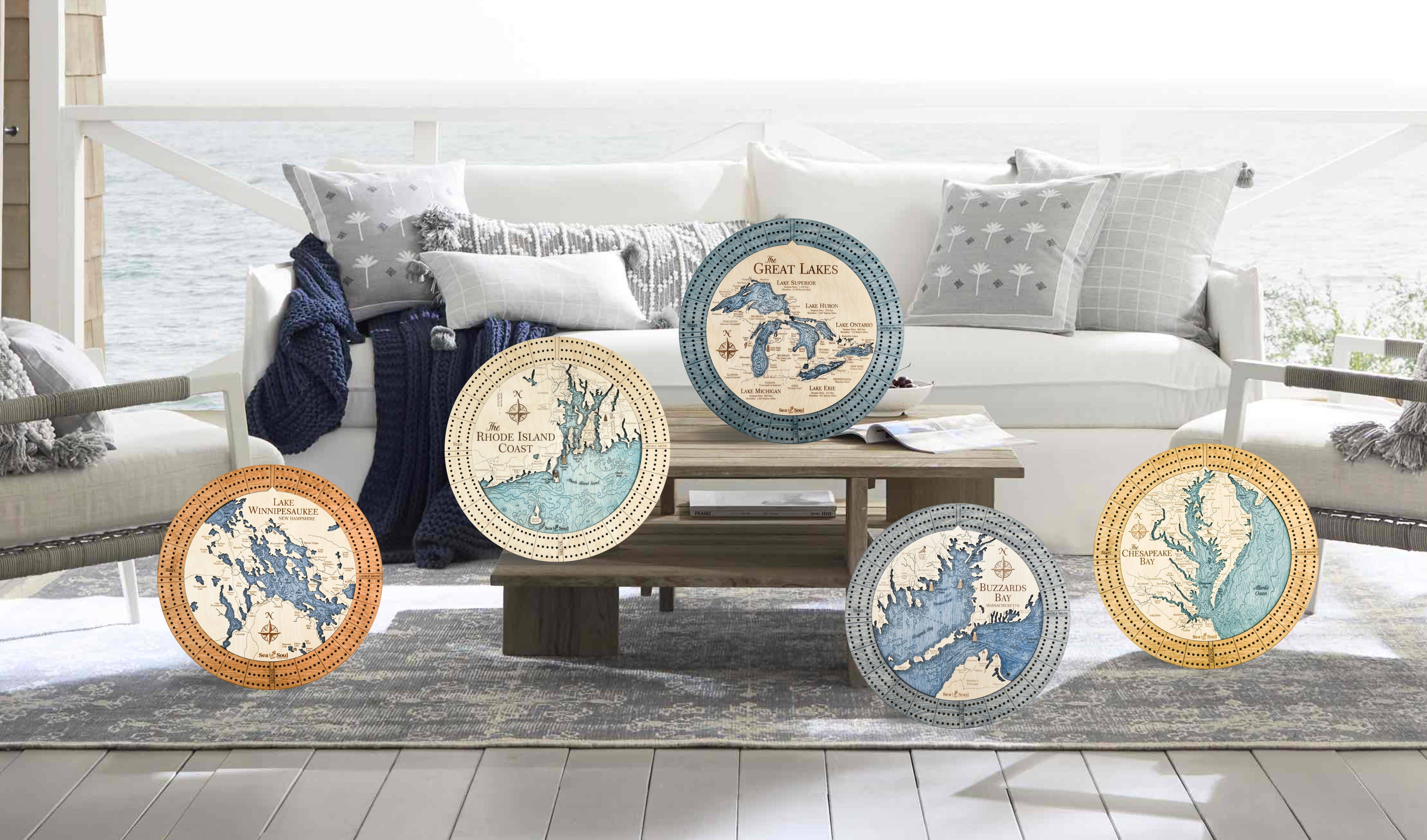 Sea & Soul Nautical Chart Art - Vente Jeux de cartes - Planche de cribbage en bois nautique personnalisée de Block Island6