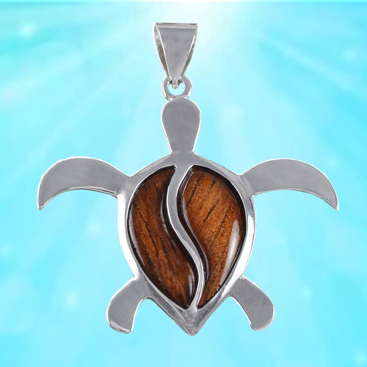 Hawaiian X-Large Genuine Koa Wood Sea Turtle Pendant, Sterling Silver Koa Wood Inlay Sea Turtle Pendant, Christmas Birthday Gift for wholesale by Paradise Treasures Jewelry