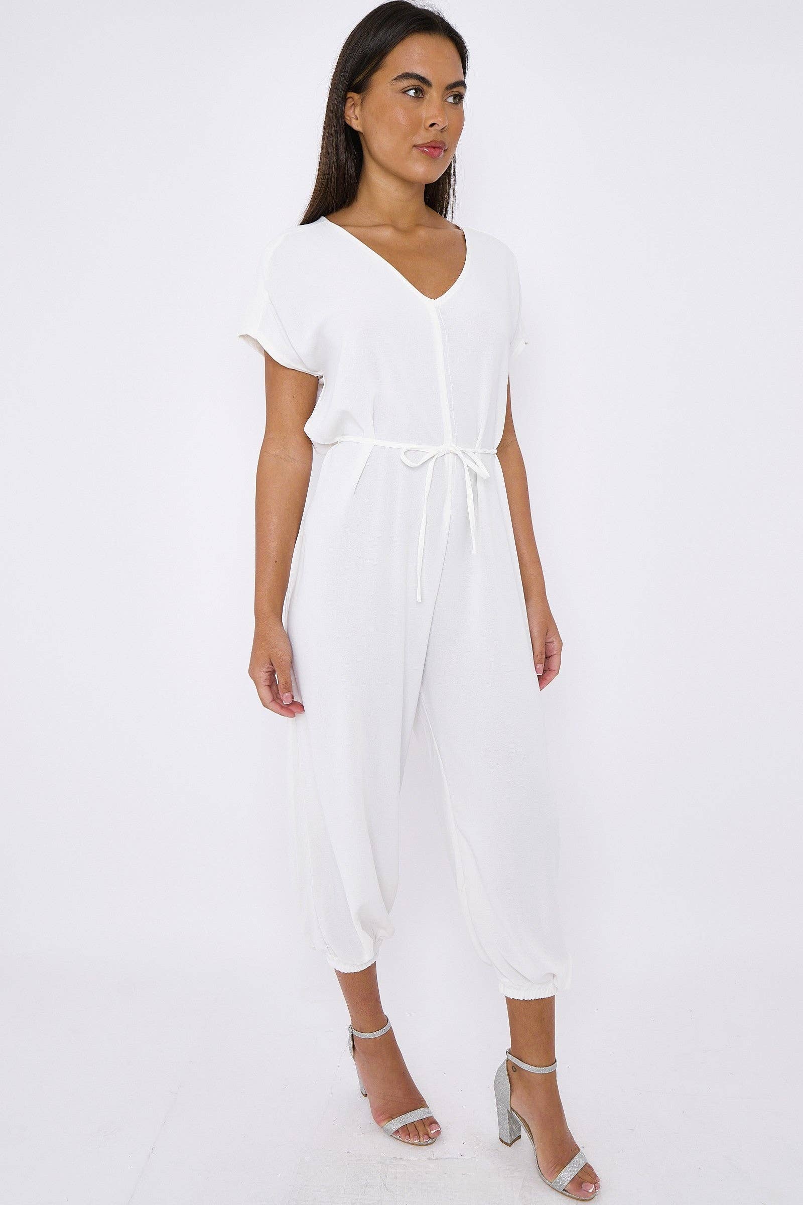 Aftershock London – wholesale Jumpsuit – Women's – White V-Neck Belted Jumpsuit2