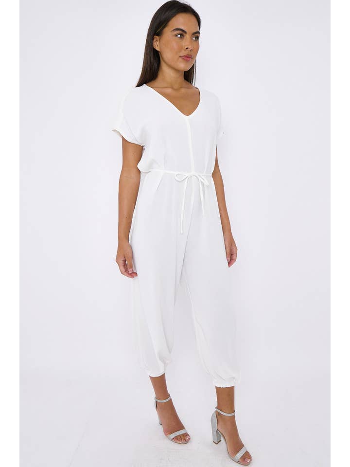 Aftershock London – wholesale Jumpsuit – Women's – White V-Neck Belted Jumpsuit2