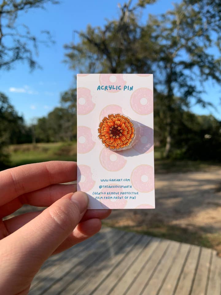 Zinnia Acrylic Pin for wholesale by GAAS Art