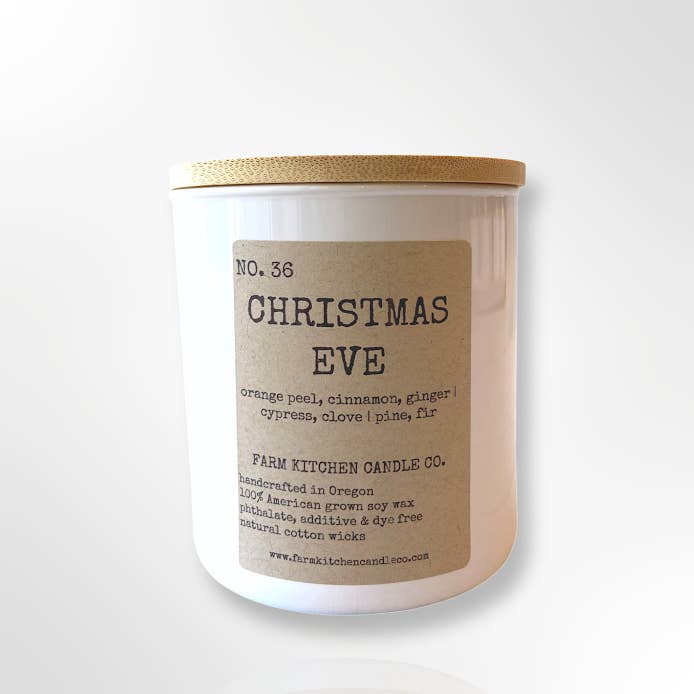 Christmas Eve Soy Candle | White Jar| 8 oz. for wholesale by Farm Kitchen Candle Co.