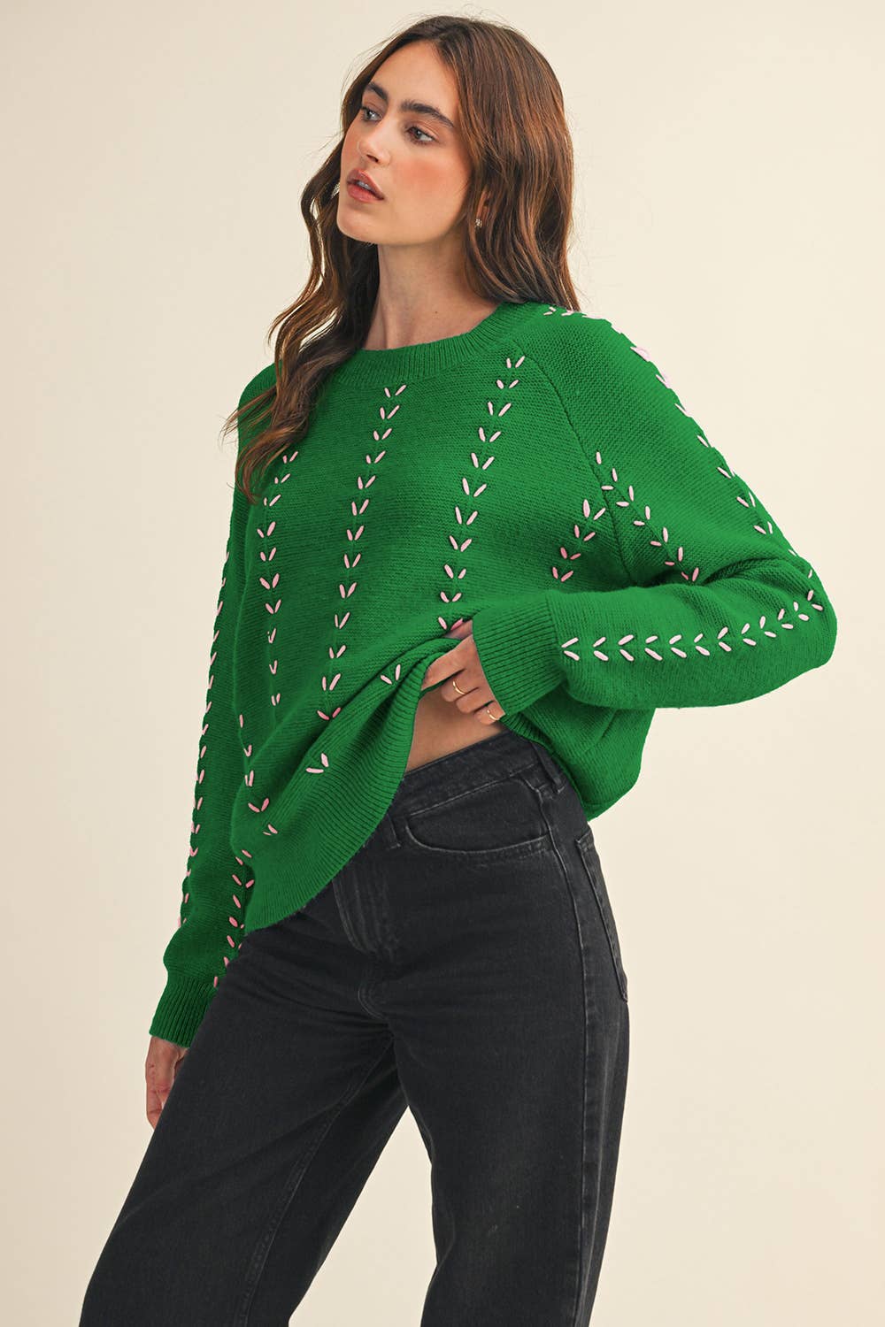 &MERCI - Wholesale Knit Sweater - Women's - EMBROIDERED LONG SLEEVE PULLOVER SWEATER MSW111792