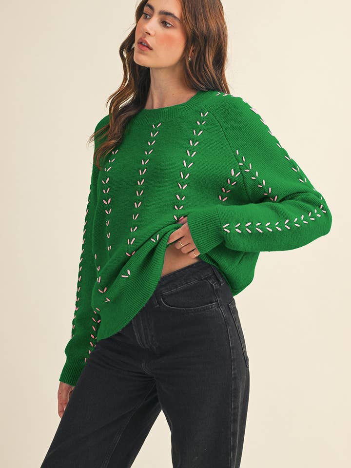 &MERCI - Wholesale Knit Sweater - Women's - EMBROIDERED LONG SLEEVE PULLOVER SWEATER MSW111792