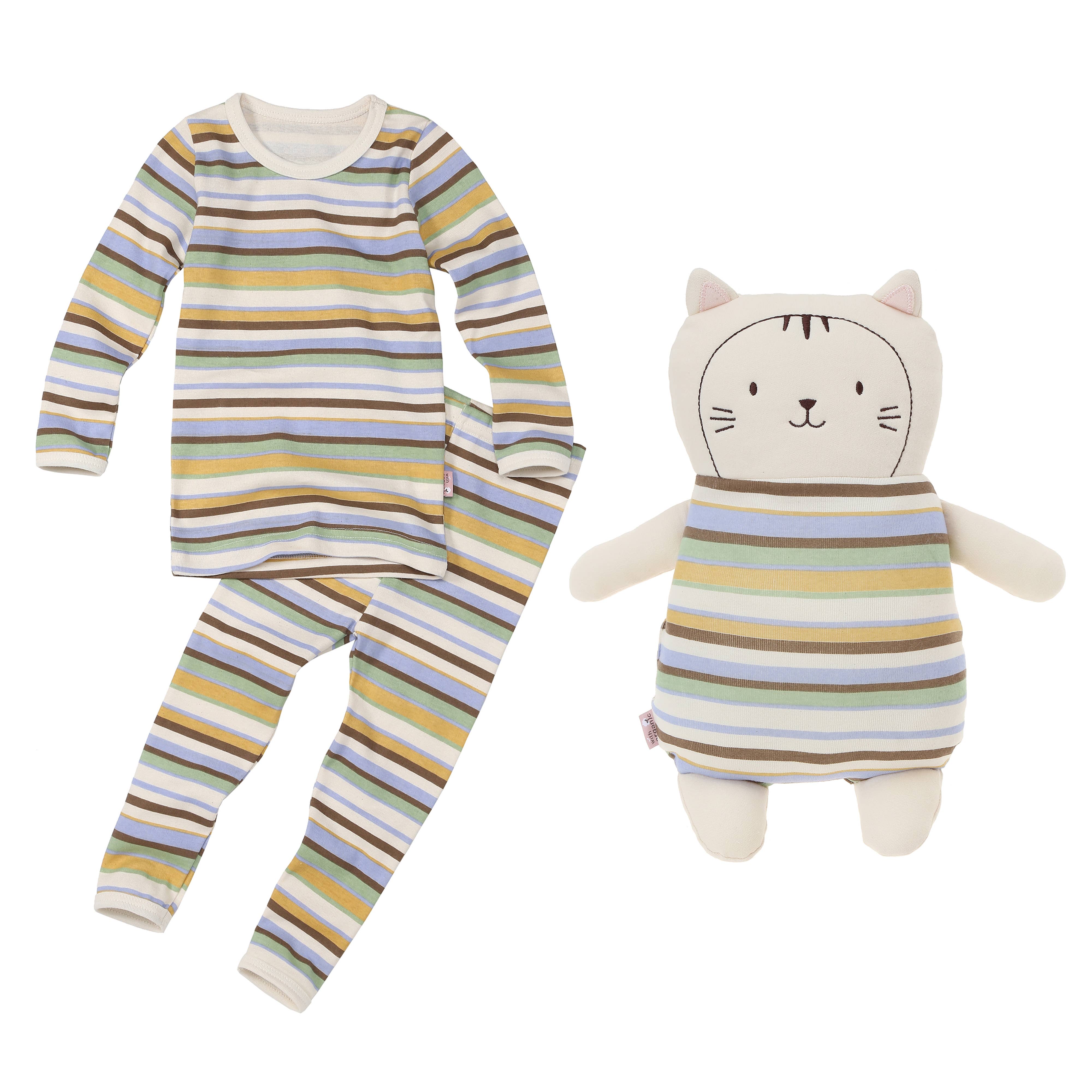 WithOrganic - Wholesale Sleepwear Set - Kids - Organic Pajama Set with Matching Security Doll - Dino Stripe1