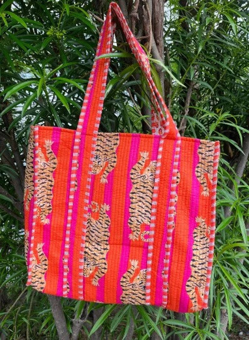 bhavnas boutique - Wholesale Luggage Tag - Tiger block Print Tote Bag Indian Handmade Cotton Shopping