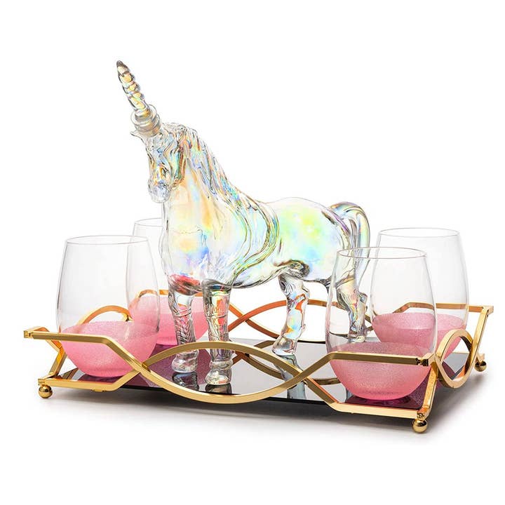 The Wine Savant / Khen Glassware - Wholesale Decanter - Iridescent Unicorn Whiskey Decanter Set 750ml & 4 Glasses