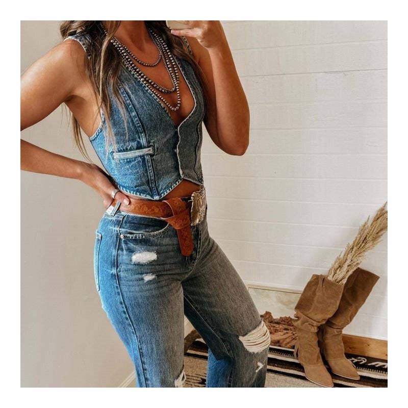 FurDecoration - Vendita all'ingrosso Gilè imbottito - Donna - Gilet senza maniche in denim con scollo a V tinta unita7