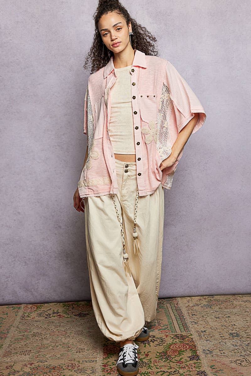 Pol Clothing - Wholesale Button Down Shirt - Women's - Collared Studded Button-down Short Sleeve Knit Shirt Top18