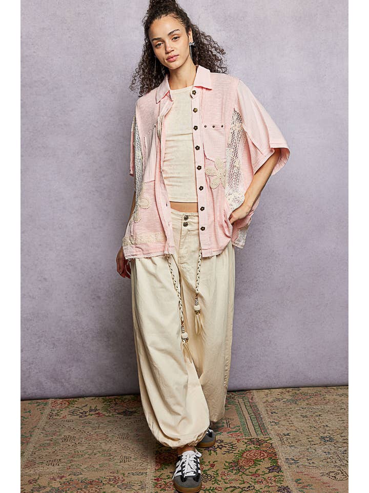 Pol Clothing - Wholesale Button Down Shirt - Women's - Collared Studded Button-down Short Sleeve Knit Shirt Top18